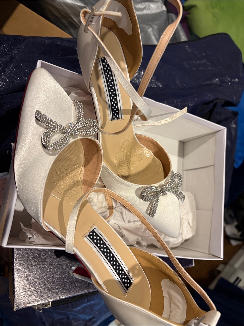 Satin Ivory  Strap Heels with Crystal Accent and Red Bottoms